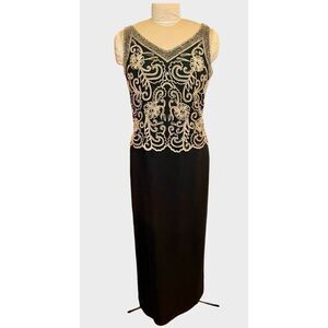 J Kara Black and Gold Embroidered Maxi Dress